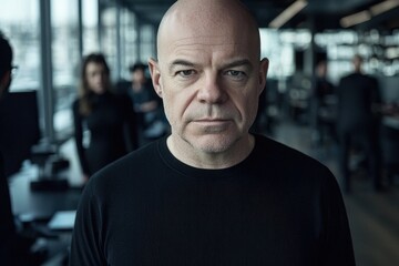 Obraz premium Intense portrait of a serious bald man in a black shirt, gazing directly at the camera, with blurred office environment and colleagues in the background, conveying focus.