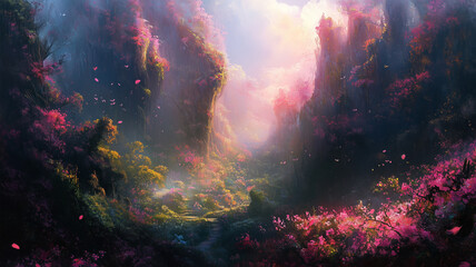 Fototapeta premium Enchanted Fantasy Valley with Blooming Flowers at Dawn