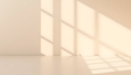 A modern minimalist beige interior with soft warm sunlight casting elegant shadows on the smooth floor, creating a peaceful and tranquil ambiance perfect for design mockups