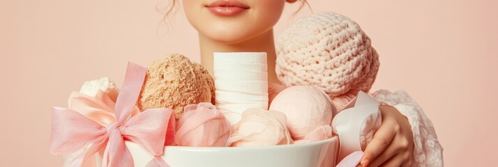Soft Pastel Mothers Day Wellness Ritual Artisan Spa Self-Care Basket with Organic Textures - Nurturing Lifestyle Moments for Millennial Wellness Enthusiasts