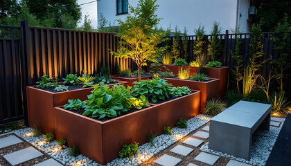 Elevated rust-colored metal garden beds filled with fresh green vegetables in a contemporary backyard setting, symbolizing sustainable urban gardening and eco-friendly