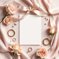 Feminine Wedding Invitation Flat Lay on Blush Pink Fabric with Ivory Card, Dried Roses & Pearl Accessories – Elegant High-Resolution Mockup

