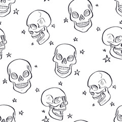 Seamless pattern with monochrome black and white hand drawn inky skulls with stars. Skeleton heads repeat background.