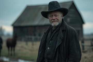 A ruggedly handsome, weathered old man in period clothing smiles in front of a rustic barn with a horse in the background on a rural farm landscape.