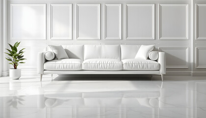 A luxurious, modern white living room with a sleek sofa and decorative wall panels, radiating sophistication, minimalism, and contemporary interior design aesthetics