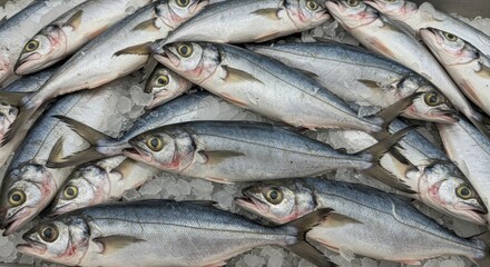 Obraz premium Fresh Longnose Gar Fish on Ice at Market - Icy fresh longnose gar, glistening scales, abundant seafood, market display, cold preservation. Symbolizing freshness, abundance, healthy eating