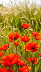 Fototapeta premium Vibrant red poppies bloom amidst swaying grasses in a sun-drenched summer meadow, summer, countryside, red poppy