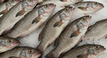 Fototapeta premium Fresh Mooneye Fish on Ice at Supermarket - Fresh, glistening mooneye fish displayed on ice in a supermarket. Symbolizing freshness, abundance, healthy eating, seafood market, and delicious cuisine.