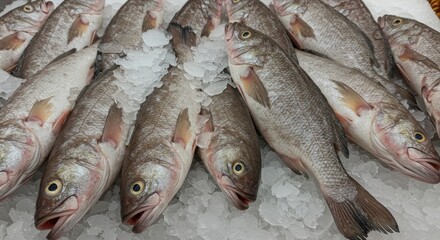 Obraz premium Fresh Mooneye Fish on Ice at Supermarket - Fresh, glistening mooneye fish displayed on ice in a supermarket. Represents freshness, healthy eating, seafood market, food retail