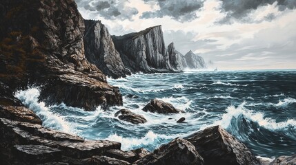 Create an image of a rocky coastline where the ocean crashes violently against the rocks. 