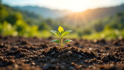 A delicate young green seedling emerging from nutrient-rich soil in the early morning light, symbolizing growth, sustainability of agriculture, and the cycle of life
