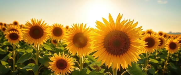 Obraz premium Vibrant sunflower field bathed in golden sunlight, cheerful, field, leaves