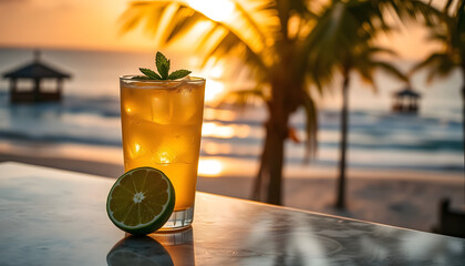 A delicious tropical cocktail with a lime wedge and mint garnish, served with ice on a reflective table by the beach, glowing under the golden hues of a beautiful sunset