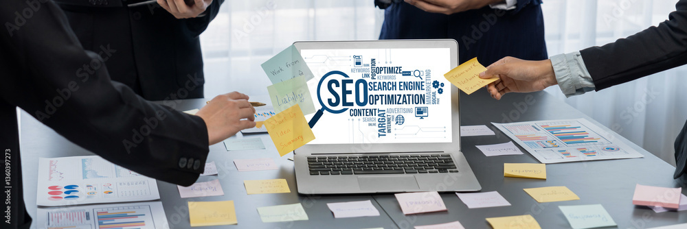 Poster seo search engine optimization for brisk e-commerce and online retail business showing on computer s