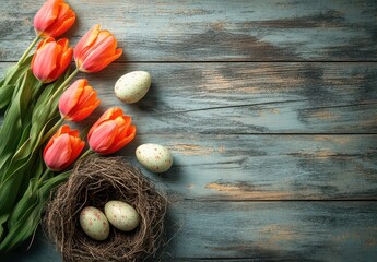 Beautiful Spring Tulips with Colorful Eggs Nestled in a Natural Nest on Rustic Wooden Background Evoking Easter and Seasonal Celebration Vibes