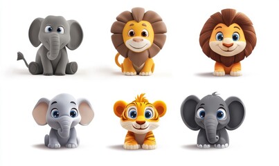 Colorful cartoon animals smiling and sitting together in a playful arrangement on a white background