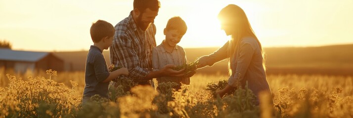 Joyful rural family harvests fresh vegetables together under warm sunlight in a vibrant farm setting Generative AI