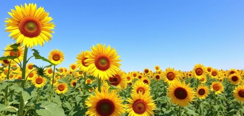 Obraz premium Vibrant yellow sunflowers in a vast field under a clear blue sky, art, botany