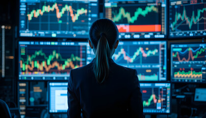 A focused female stock trader carefully analyzing fluctuating financial market charts on multiple high-tech monitors, highlighting modern investment and trading concepts