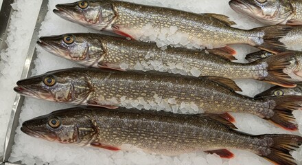 Fototapeta premium Fresh Northern Pike on Ice at Supermarket - Four fresh Northern Pike, glistening on a bed of ice, symbolizing freshness, quality, abundance, winter, and delicious seafood.