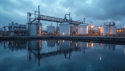 Biogas production station, industrial fermentation tanks, waste water treatment, renewable energy plant. Environmental friendly, sustainable eco-friendly energy production. Power generation from