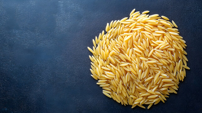 An overhead shot of orzo pasta arranged symmetrically on a smooth, dark surface, each rice-shaped grain reflecting the light from the surrounding area.