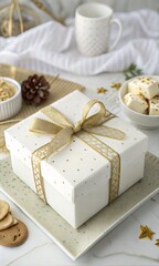White gift box with a gold ribbon on a white background. (Gift)