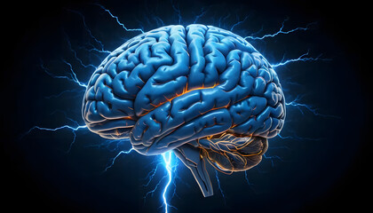 A futuristic glowing blue human brain with electric sparks and neural connections, symbolizing artificial intelligence, cognitive science, and advanced neural technology