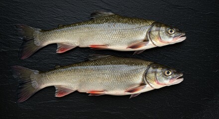 Fresh Sauger Fish Duo on Slate - Two pristine sauger fish, showcasing their silvery scales and firm texture, lie side-by-side on a dark slate background.  Symbols of freshness, healthy eating