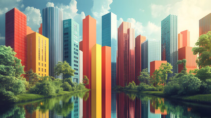 Fototapeta premium Cityscape Harmony: A vibrant city skyline where colourful buildings seamlessly blend with serene waters and lush greenery, painted with a gentle light.