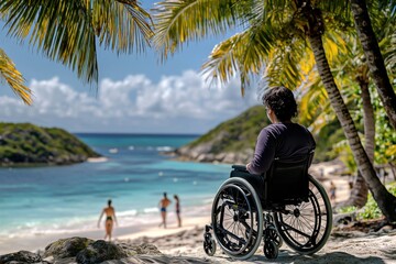 A person in wheelchair enjoys a breathtaking tropical beach view with turquoise water and palm trees, symbolizing inclusive tourism and accessible travel experiences.
