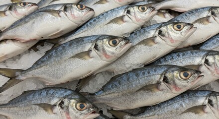 Obraz premium Fresh Shortnose Gar on Ice Supermarket - Frozen fish, glistening scales, icy cold, market freshness, seafood abundance. Represents freshness, healthy eating, market sales, seafood industry