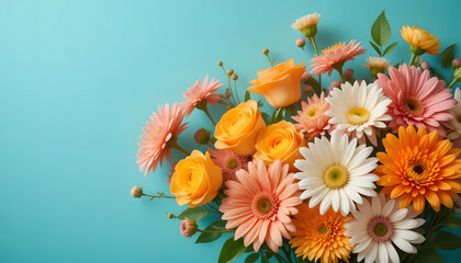 A delightful bouquet of colorful fresh flowers arranged beautifully against a soft pastel blue background, perfect for floral design, greeting cards, and spring themes