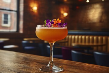Elegant cocktail adorned with purple and orange flowers on a wooden bar, set against a warm, softly lit restaurant backdrop, creating an inviting ambiance.