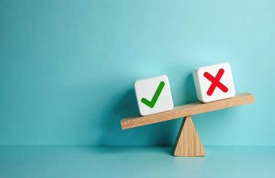 Wooden scale with positive check mark, negative cross mark. Concept represents making right decision, comparing pros cons, evaluation. Weighing good bad. Business planning strategy, management