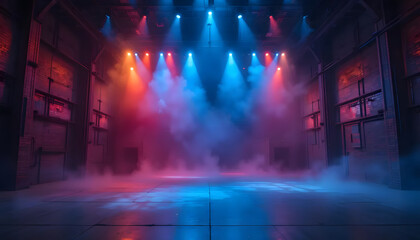 A dramatic theater stage with colorful spotlights shining through the smoke, setting the perfect mood for live concerts, performances, and theatrical productions
