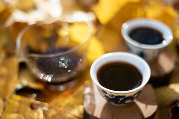 Black puer in Chinese cups on yellow foliage in the forest
