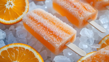 A deliciously refreshing summer treat featuring frozen orange popsicles resting on crushed ice, garnished with fresh citrus slices, perfect for food and drink presentations