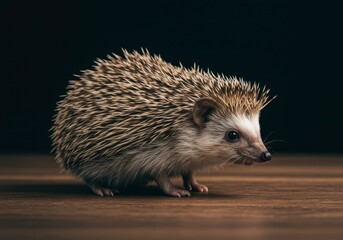 Fototapeta premium Cute hedgehog with spiky back is walking on wooden surface. Wild animal for exotic pets care, small pet adoption and wildlife rescue concept. Animal portrait on black studio backdrop.