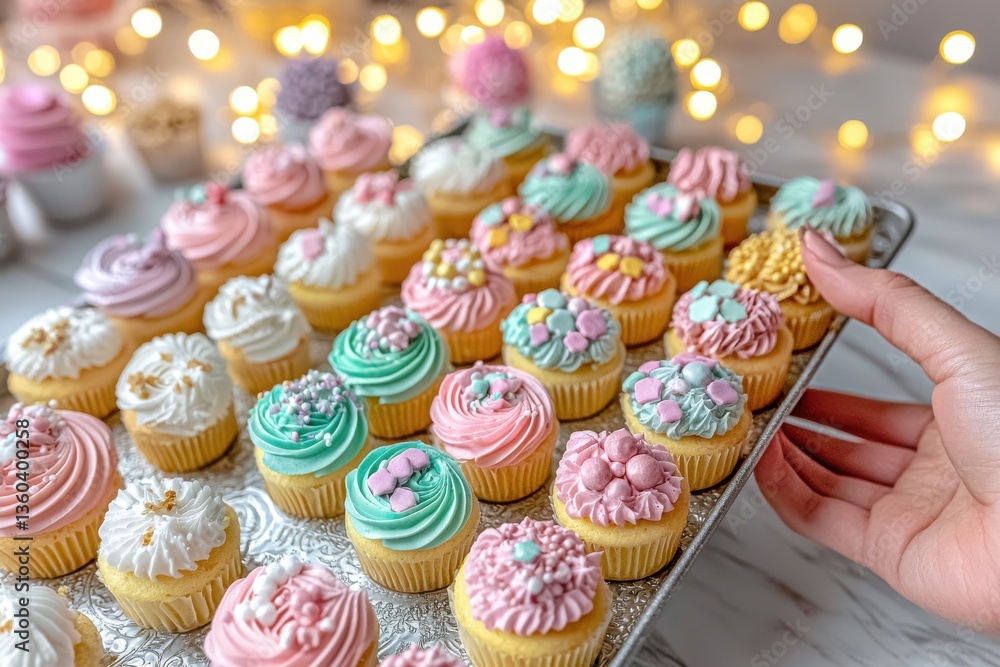 Poster a delightful assortment of mini cupcakes with pastel frosting, perfectly arranged on a silver tray w