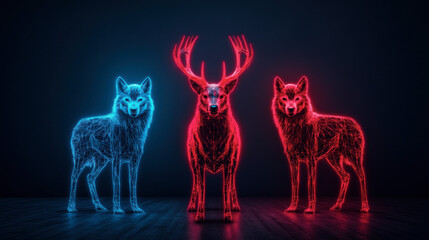 Fototapeta premium A striking neon depiction of a wolf, deer, and wolf, showcasing vibrant blue and red wireframe designs against a dark backdrop.