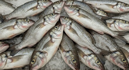 Obraz premium Fresh Warmouth Fish on Ice at Supermarket - Fresh, icy cold warmouth fish, glistening scales, ready for sale, abundance of seafood, healthy eating.