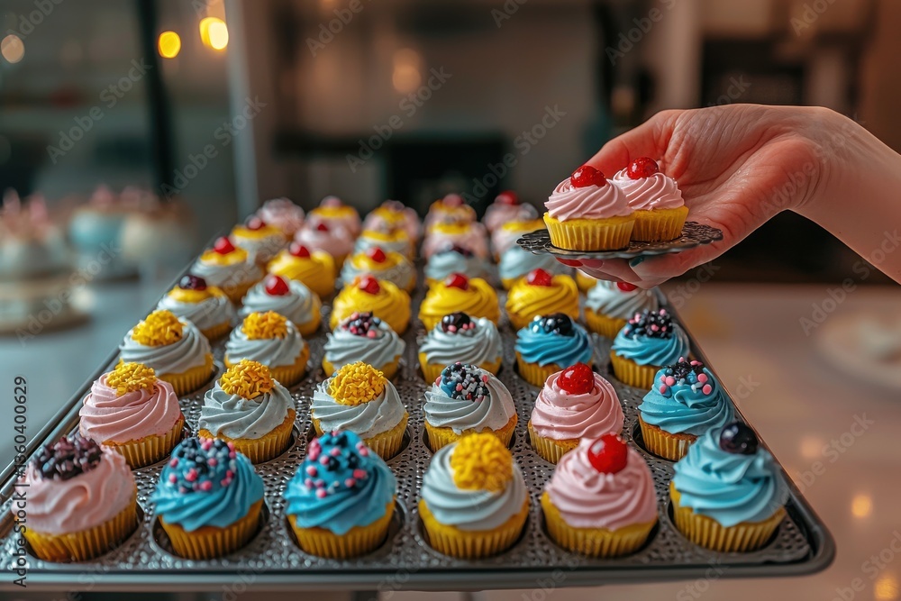 Poster a vibrant array of miniature cupcakes, each adorned with colorful frosting and delightful toppings, 