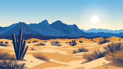 Create an image of a sprawling desert with a range of mountains in the distance, their jagged peaks contrasting against the soft curves of the sand dunes.