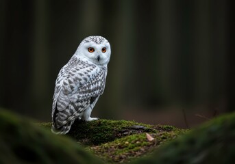 Snowy owl perching on a mossy log in a dark forest environment, wildlife theme for nature lovers, ornithology enthusiasts, and winter holiday design projects