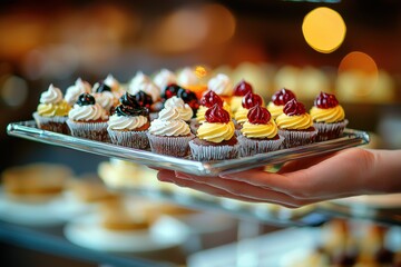 A close-up of hand holding a tray full of assorted cupcakes, decorated with white, black, and yellow cream and cherry, against blurry background.