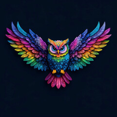 Fototapeta premium A vibrant, stylized owl with colorful feathers in a symmetrical design against a dark background, showcasing intricate details and artistic flair.