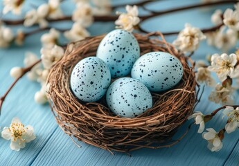 Obraz premium Blue Speckled Easter Eggs Nestled in a Natural Woven Basket Surrounded by Delicate White Flowers on a Wooden Table