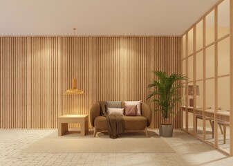 Minimalist living room in brown tones with bare wooden walls, partitions, a work room, and a brown sofa and wooden table.3d render