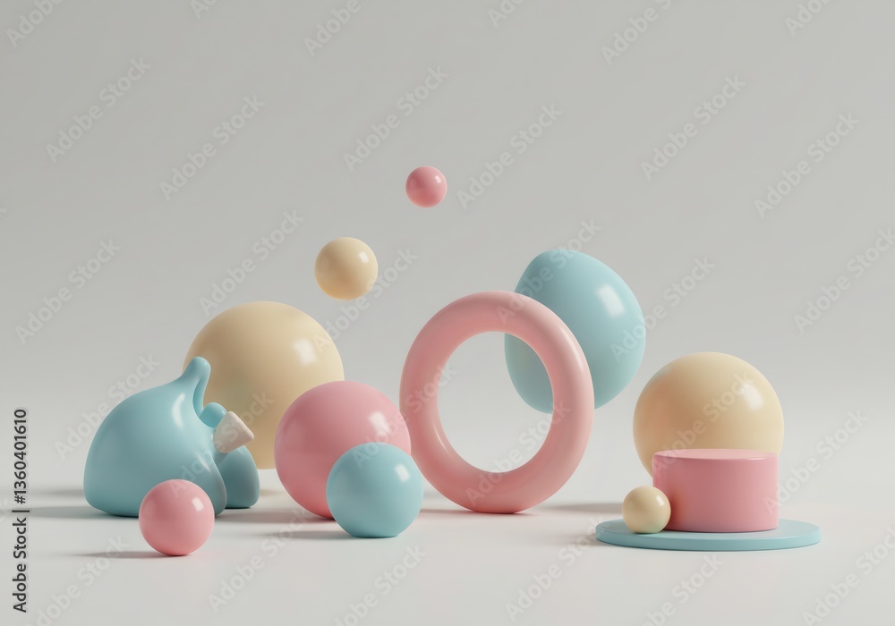 Poster pastel abstract 3d render with floating spheres and geometric shapes